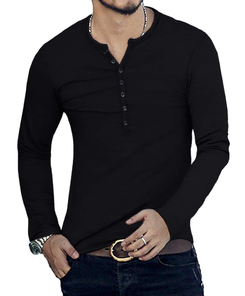 YTD Mens Casual Slim Fit Basic Henley Long Sleeve Fashion T-Shirt S Black - Image 3