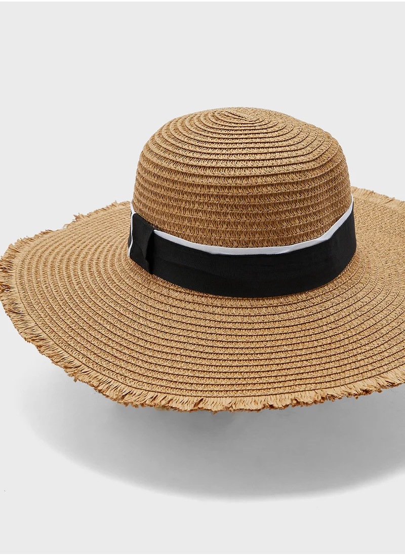 ELLA Stripe Band Raffia Wide Brim Hat