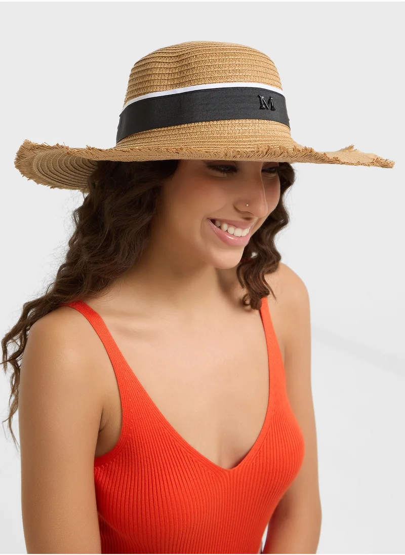 ELLA Stripe Band Raffia Wide Brim Hat