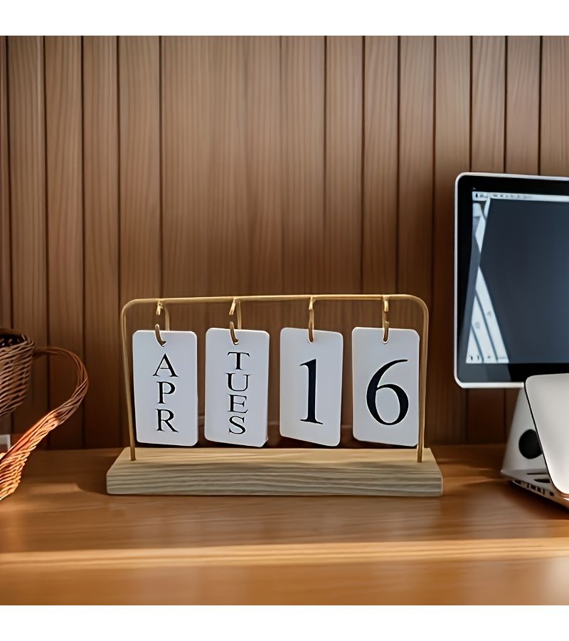 Golden Perpetual Calendar Flip Page Design Replaceable Date Home Office Decor - Image 3