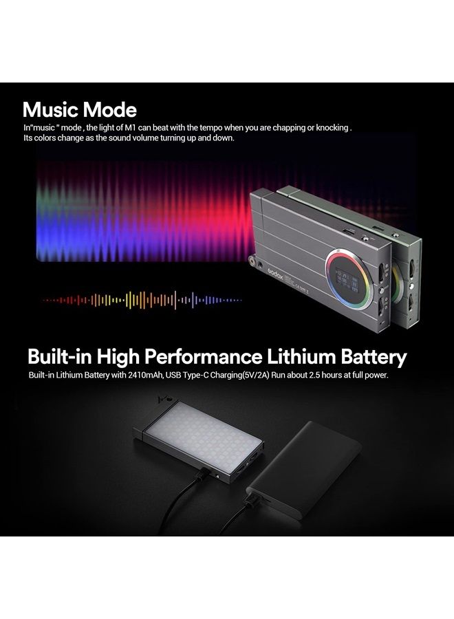 Godox M1 RGB Camera Light, Portable LED Video Light, Pocket Full Color LED Video Light Panel CRI 97+ 2500k-8500k, Music Beats Function and 15 FX Lighting Effects with Aluminum Alloy Body - Gray