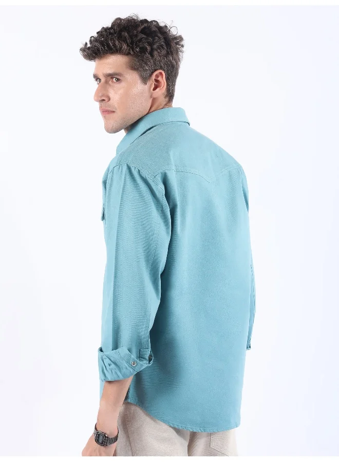 بيونغ قميص ياقة على شكل حرف  باللون الأزرق السماوي