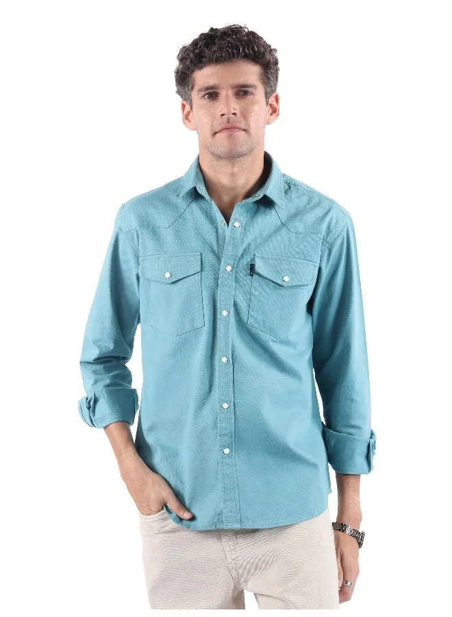 بيونغ قميص ياقة على شكل حرف  باللون الأزرق السماوي