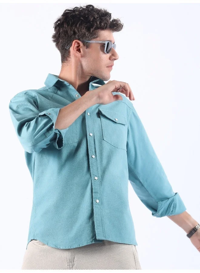 بيونغ قميص ياقة على شكل حرف  باللون الأزرق السماوي