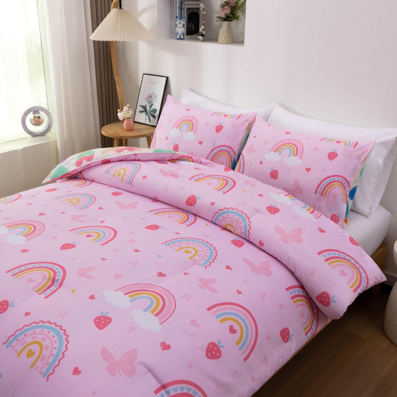 Btargot Lightweight Soft 3 Piece Rainbow Comforter Set with 2 Pillow Covers, Cartoon Butterfly Leaves Flowers Bedding Set for Girls Boys Kids, Full Pink - Image 3