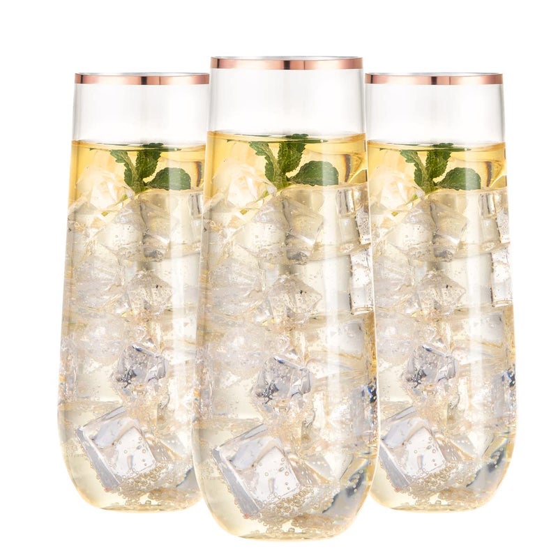 SUT 24PCS Rose Gold Champagne Flutes Plastic 9oz Stemless Plastic Champagne Glasses Rose Gold Rim Clear Toasting Glasses Unbreakable Shatterproof Mimosa Glasses For PartyShower