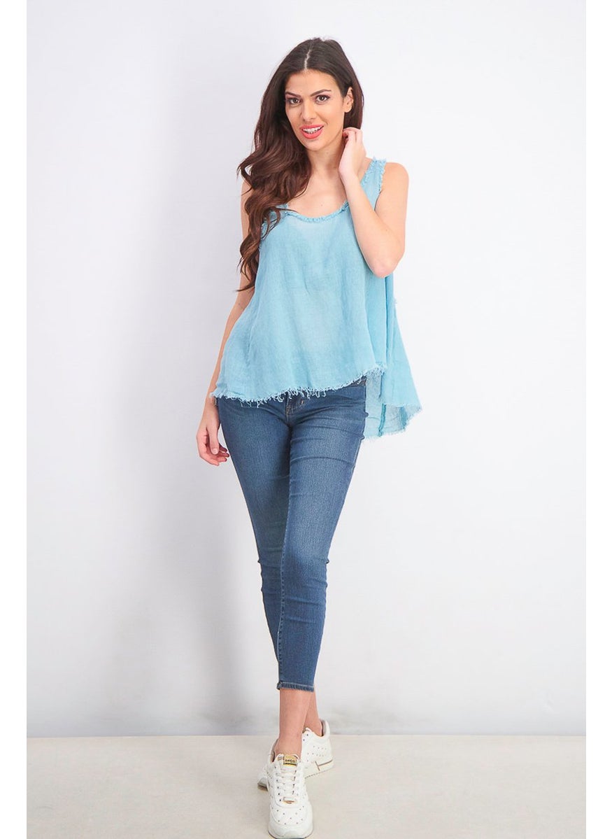 MANGO Women Scoop Neck Sleeveless Ramie Blend Top, Turquoise  - Image 3