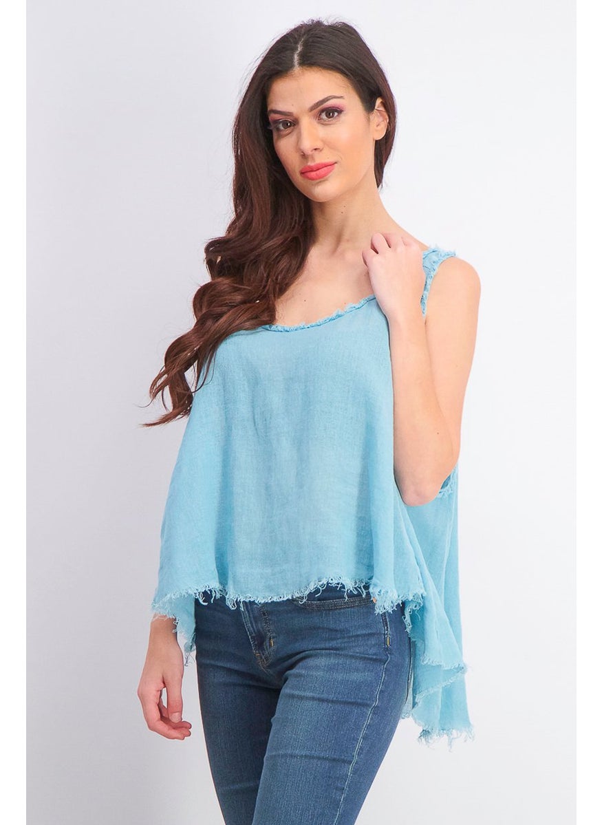 MANGO Women Scoop Neck Sleeveless Ramie Blend Top, Turquoise  - Image 2