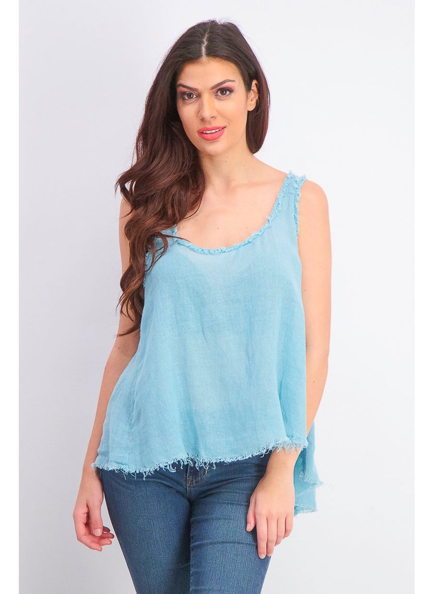 MANGO Women Scoop Neck Sleeveless Ramie Blend Top, Turquoise  - Image 1