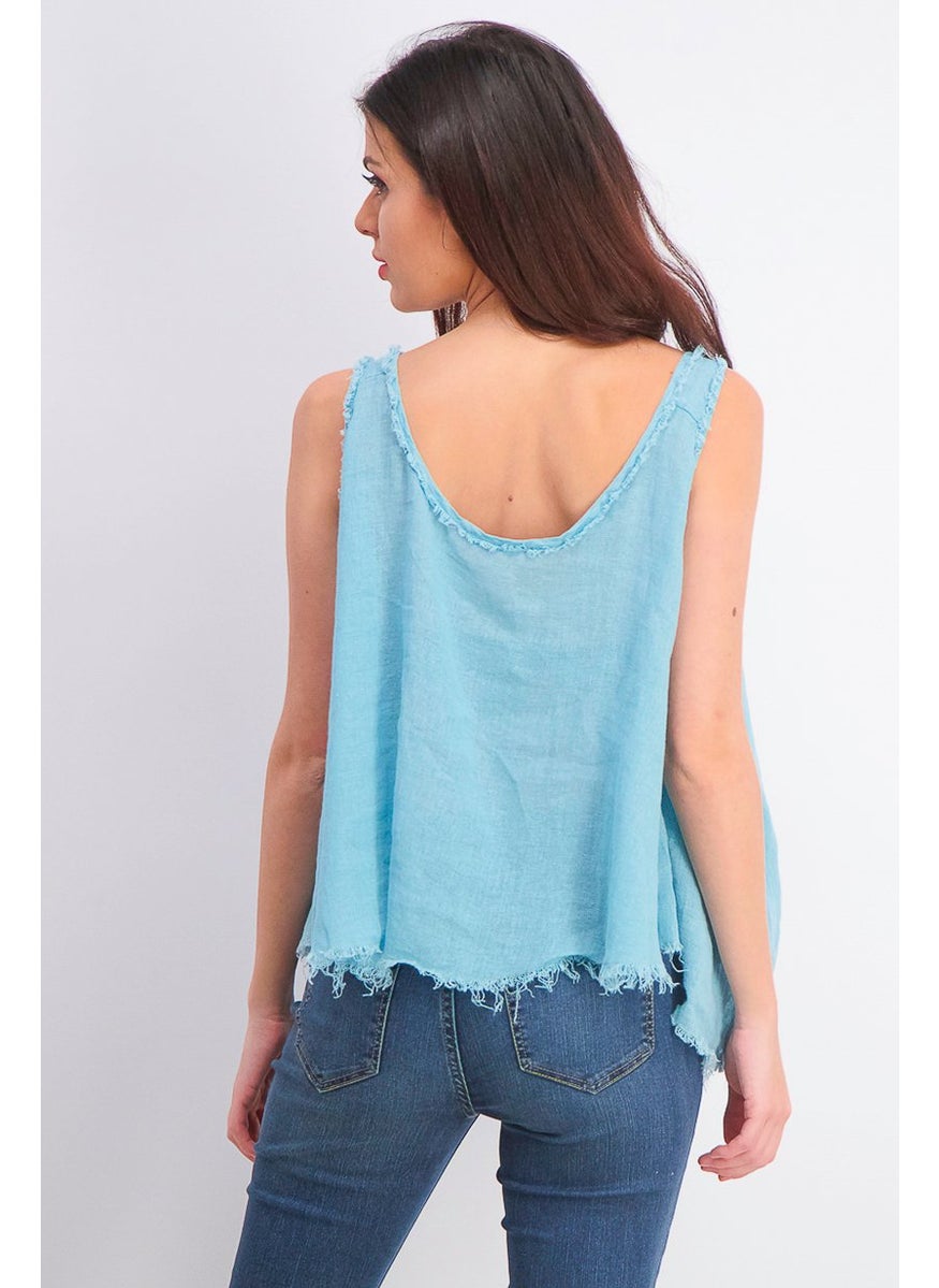 MANGO Women Scoop Neck Sleeveless Ramie Blend Top, Turquoise  - Image 4