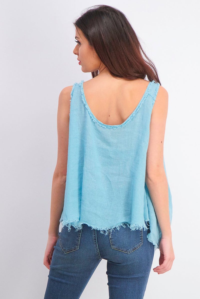 MANGO Women Scoop Neck Sleeveless Ramie Blend Top, Turquoise - Image 2