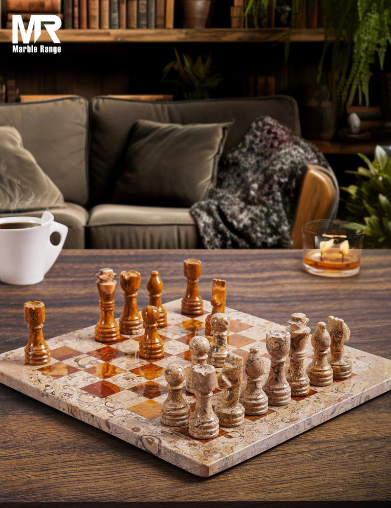 MARBLE RANGE Marble Chess Set 12 Inch Handmade Coral & Dark Brown Board Game with Storage Box, Classic Travel Chess Set for Adults with Pieces & 2 Extra Queens, Elegant Home DÃ©cor - Image 3