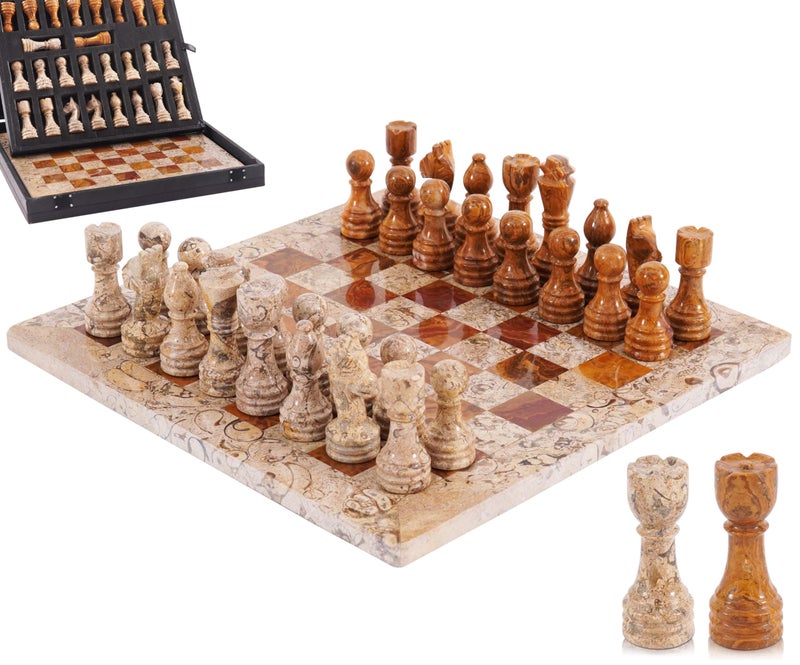 MARBLE RANGE Marble Chess Set 12 Inch Handmade Coral & Dark Brown Board Game with Storage Box, Classic Travel Chess Set for Adults with Pieces & 2 Extra Queens, Elegant Home DÃ©cor - Image 1