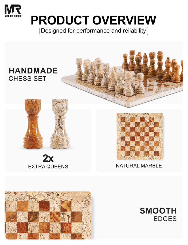 MARBLE RANGE Marble Chess Set 12 Inch Handmade Coral & Dark Brown Board Game with Storage Box, Classic Travel Chess Set for Adults with Pieces & 2 Extra Queens, Elegant Home DÃ©cor - Image 4