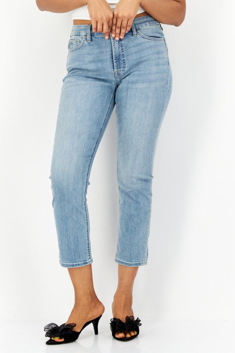 Jen 7 Women Ankle Straight Stretchable Jeans, Light Washed Blue - Image 1