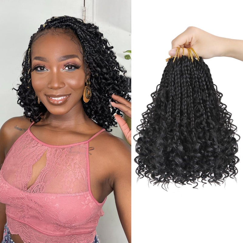 Julen Goddess Box Braids Crochet Hair 1B - 8 Inch Pre Looped Boho Crochet Braids with Curly Ends, 8 Packs Crochet Hair for Black Women Boho 3X Synthetic Braiding Hair Extensions - Image 1