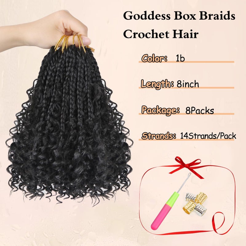 Julen Goddess Box Braids Crochet Hair 1B - 8 Inch Pre Looped Boho Crochet Braids with Curly Ends, 8 Packs Crochet Hair for Black Women Boho 3X Synthetic Braiding Hair Extensions - Image 4