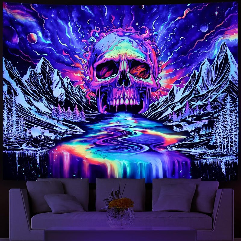 Lahasbja Blacklight Skull Tapestry UV Reactive Galaxy Mountain Planet Tapestries Magic Neon River Wall Hanging Aesthetic Skeleton Wall Decor Forest Trees Landscape Backdrop for Living Room - Image 3