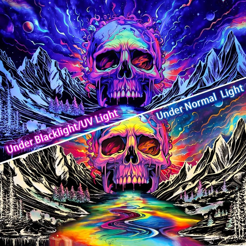 Lahasbja Blacklight Skull Tapestry UV Reactive Galaxy Mountain Planet Tapestries Magic Neon River Wall Hanging Aesthetic Skeleton Wall Decor Forest Trees Landscape Backdrop for Living Room - Image 4