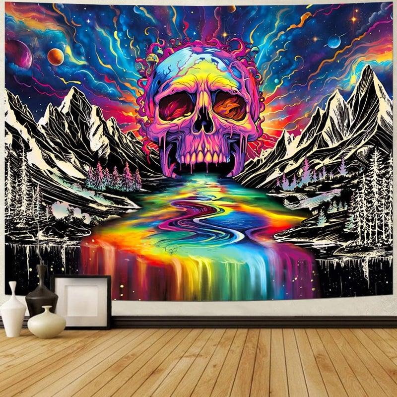 Lahasbja Blacklight Skull Tapestry UV Reactive Galaxy Mountain Planet Tapestries Magic Neon River Wall Hanging Aesthetic Skeleton Wall Decor Forest Trees Landscape Backdrop for Living Room - Image 2