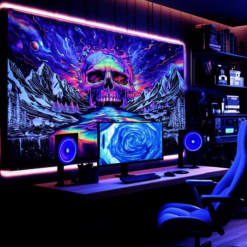 Lahasbja Blacklight Skull Tapestry UV Reactive Galaxy Mountain Planet Tapestries Magic Neon River Wall Hanging Aesthetic Skeleton Wall Decor Forest Trees Landscape Backdrop for Living Room - Image 5