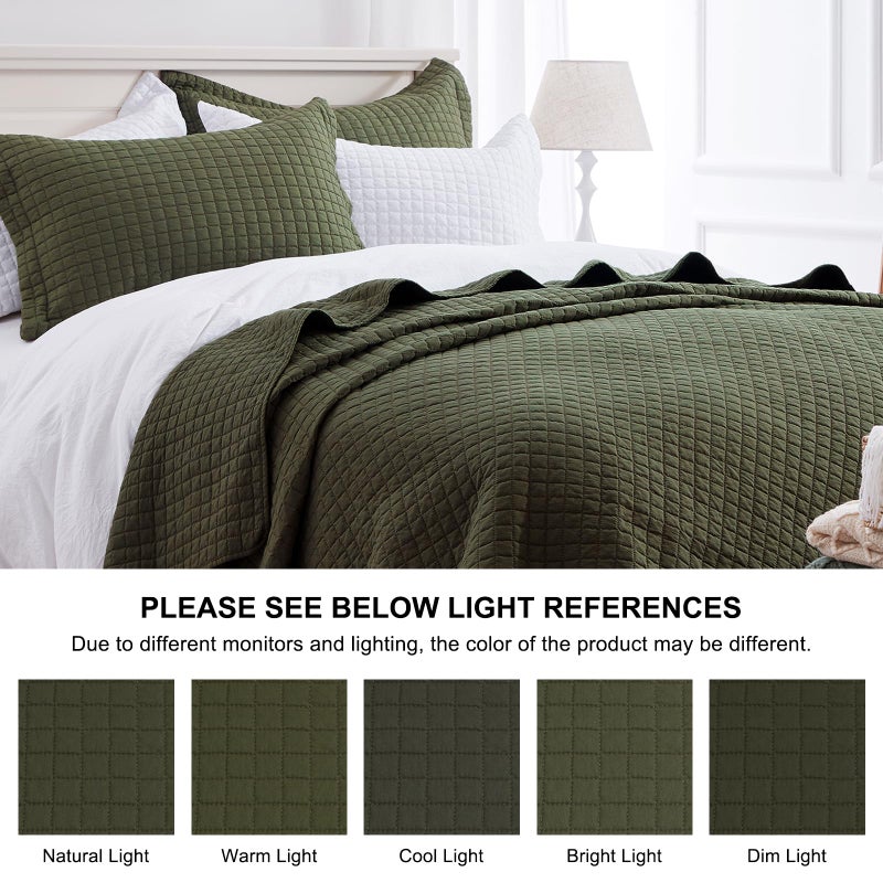 SunStyle Home Quilt Set Queen Olive Green Lightweight Bedspread Full Soft Reversible Coverlet for All Season 3pcs Army Green Square Quilted Quilted Bedding Sets (1 Quilt 2 Pillow Shams)(90"x96") - Image 4