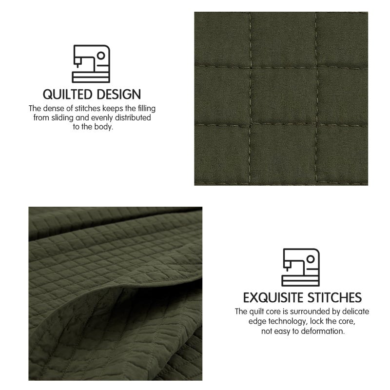 SunStyle Home Quilt Set Queen Olive Green Lightweight Bedspread Full Soft Reversible Coverlet for All Season 3pcs Army Green Square Quilted Quilted Bedding Sets (1 Quilt 2 Pillow Shams)(90"x96") - Image 5