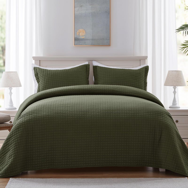 SunStyle Home Quilt Set Queen Olive Green Lightweight Bedspread Full Soft Reversible Coverlet for All Season 3pcs Army Green Square Quilted Quilted Bedding Sets (1 Quilt 2 Pillow Shams)(90"x96") - Image 3