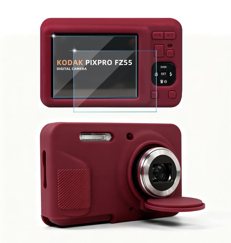 Frevyve Case for Kodak PIXPRO FZ55 Digital Camera Accessories, Soft Silicone Protective Case, Slim Fit Sleeve with Removable Lens Cover and Screen Protector, Lightweight, Anti-Scratch (Dark Red) - Image 1