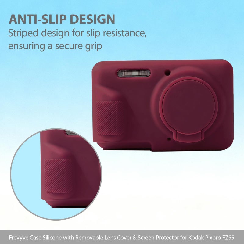 Frevyve Case for Kodak PIXPRO FZ55 Digital Camera Accessories, Soft Silicone Protective Case, Slim Fit Sleeve with Removable Lens Cover and Screen Protector, Lightweight, Anti-Scratch (Dark Red) - Image 5