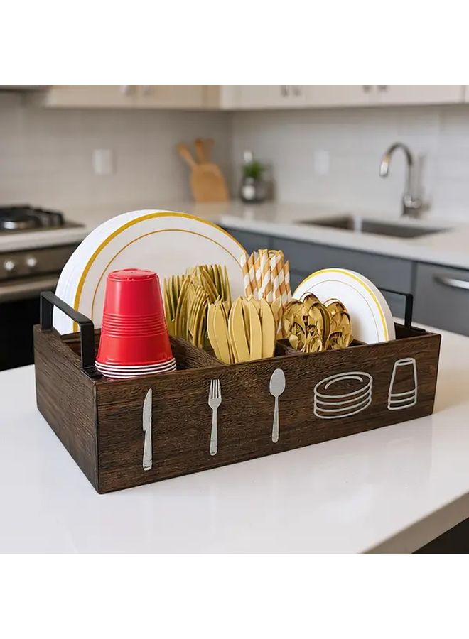 Brown Wooden Kitchen Organizer With Handle For Plates Cups And Utensils - Image 4