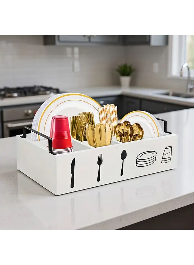 Brown Wooden Kitchen Organizer With Handle For Plates Cups And Utensils - Image 1