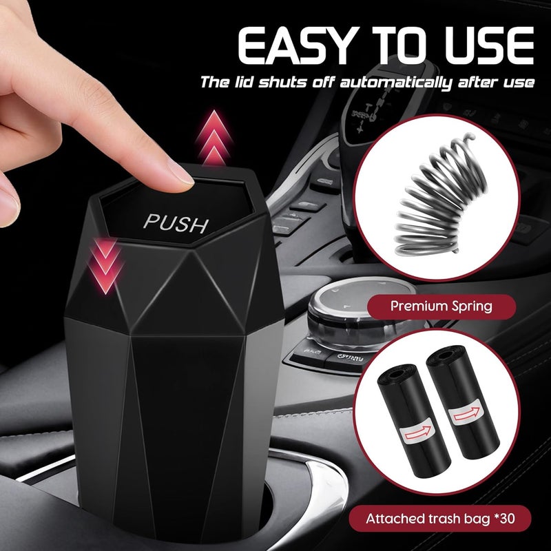 SZEOF Car Trash Can with Lid, Portable Vehicle Auto Garbage Bin, Diamond Design Mini Trash Can (2 Packs, Black) - Image 2