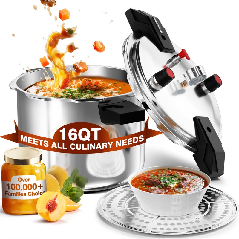 WantJoin Wantjoin 16 Quart Pressure Canner  Cooker  Commercial Aluminum Canner  Induction Compatible  Pressure Gauge  Pressure Regulator  Multi Pressure Levels Easy Locking  Silver WZDB16 