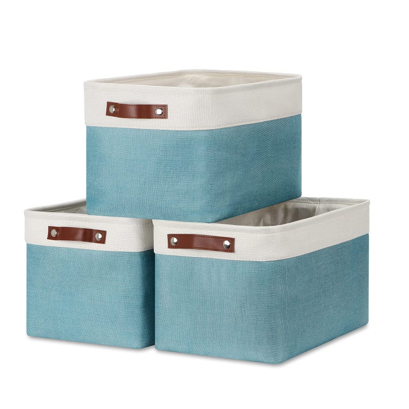 DULLEMELO Storage Baskets for Shelves Fabric Collapsible Rectangular Storage Bins for Shelves Closets Nursery Home Empty Gift Baskets 3Pack Medium15 inch X 11 inch X 95 inch  WhiteTeal