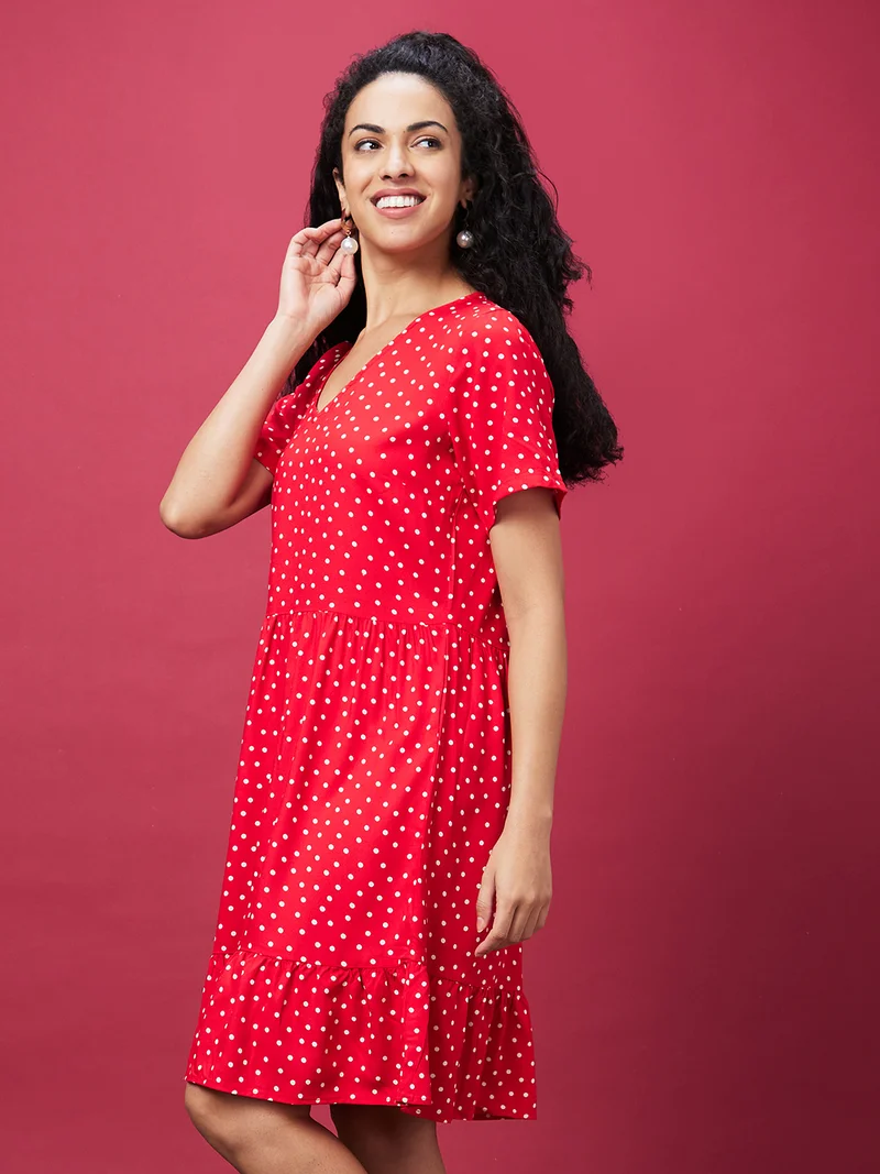 globus Globus Women Red Polka Dots Printed A-Line Dress