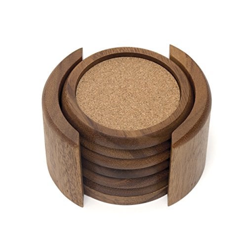 Lipper International Acacia Round with Cork Coasters and Caddy, 7-Piece Set - Image 3
