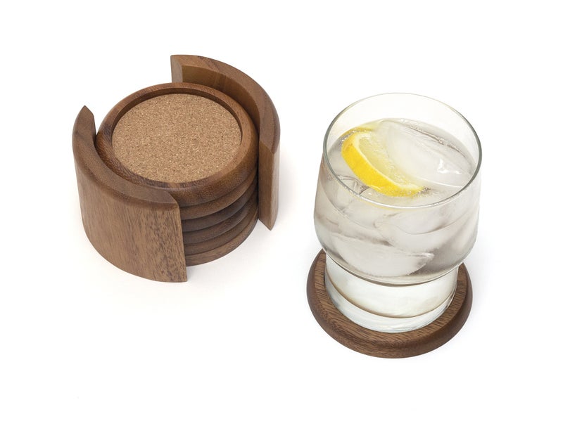 Lipper International Acacia Round with Cork Coasters and Caddy, 7-Piece Set - Image 2