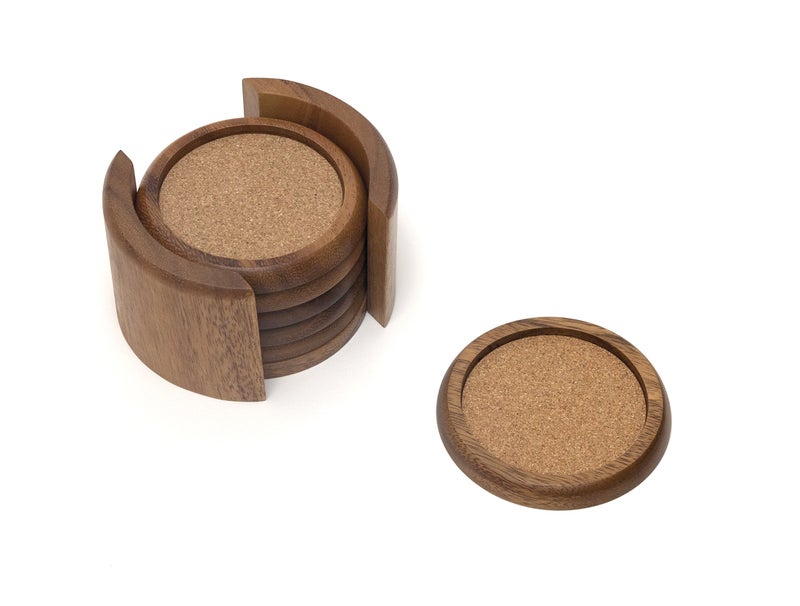Lipper International Acacia Round with Cork Coasters and Caddy, 7-Piece Set - Image 5