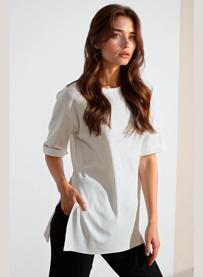 Lela Lela Oversize Crew Neck Blouse with Slit Detail Women's Blouse 5869000