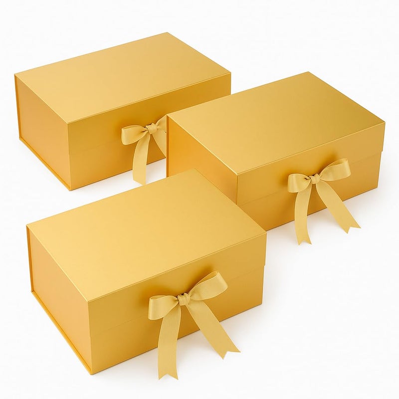 Awestuffs Gift Box Modern Folding Boxes with Ribbon Readymade Boxes for Gifting, Birthday, Parties, Festivals and Return Gifts (Size: Large) (Colour: Elegant Gold) (23 x 16 x 10 cm) (Set of 3) - Image 4