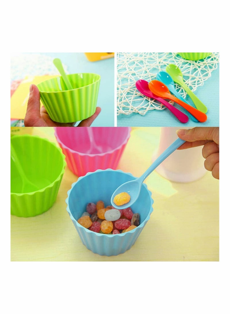 SOLARAE Plastic Ice Cream Bowls With Spoons Set of 8, Dessert Frozen Yogurt Sundae Cups Fruit Snack Stackable Bowls for Kids, 4 Vibrant Colors - Image 3