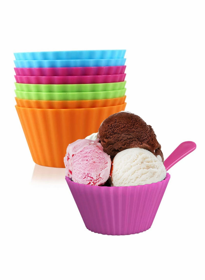SOLARAE Plastic Ice Cream Bowls With Spoons Set of 8, Dessert Frozen Yogurt Sundae Cups Fruit Snack Stackable Bowls for Kids, 4 Vibrant Colors - Image 1