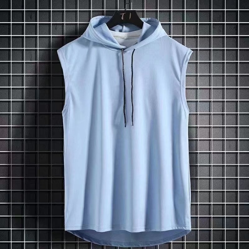 Summer Sleeveless Hooded Vest Mens Street Style Solid Hoodie Tank Top Black  - Image 2