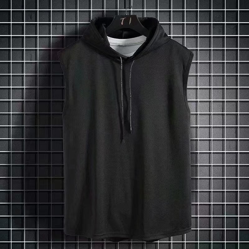 Summer Sleeveless Hooded Vest Mens Street Style Solid Hoodie Tank Top Black  - Image 1
