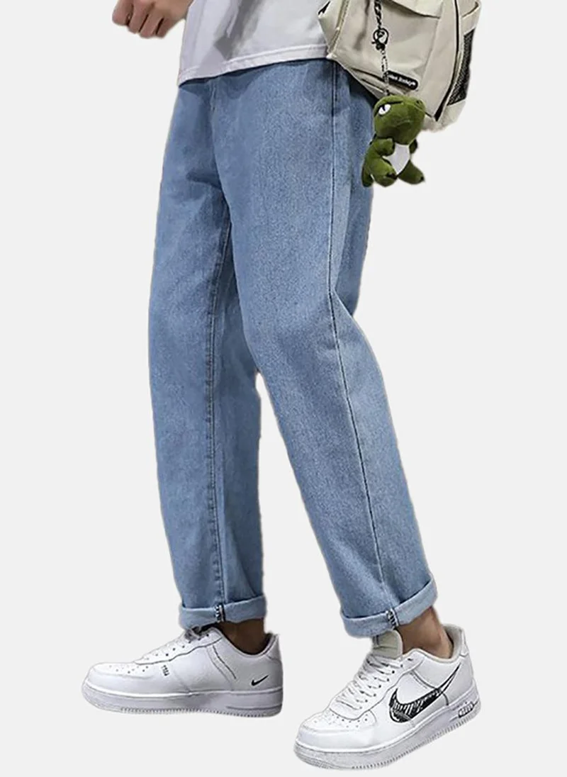 YUNIQEE Blue Solid Mid Rise Relaxed Straight Jeans
