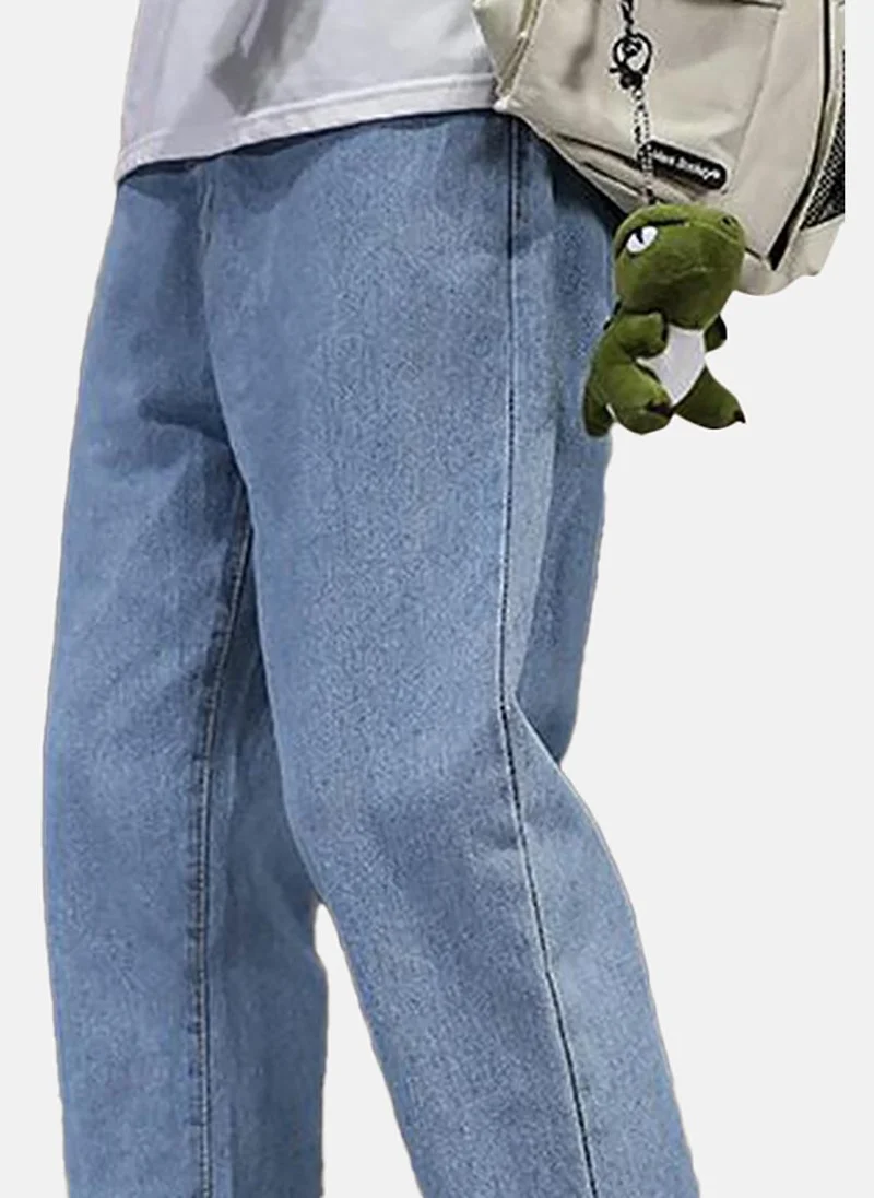 YUNIQEE Blue Solid Mid Rise Relaxed Straight Jeans
