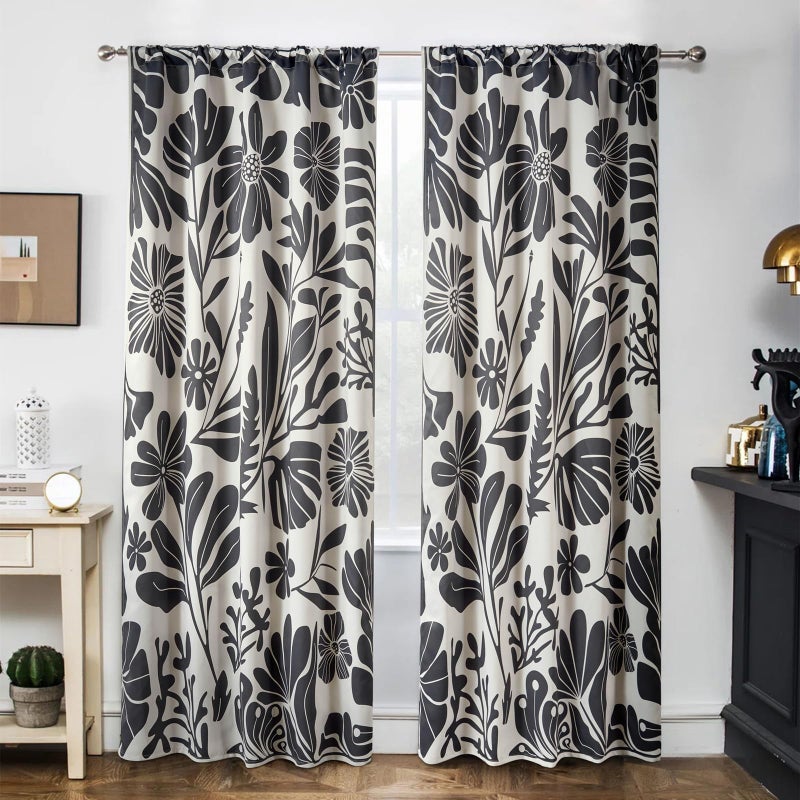 RoomTalks Vintage Floral Blackout Window Curtains for Bedroom Living Room 84 Inches Length 2 Panels, Retro Black Botanical Boho Abstract Art Curtain Panels Cute Funky Aesthetic Window Drapes - Image 1