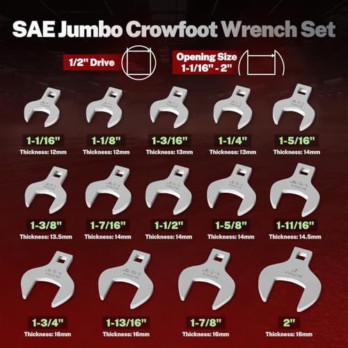 BILITOOLS 14-Piece Jumbo Crows Foot Wrench Set, 1/2" Drive Big Crowfoot Wrench, SAE, 1-1/16" - 2" mm, CR-V Steel - Image 5