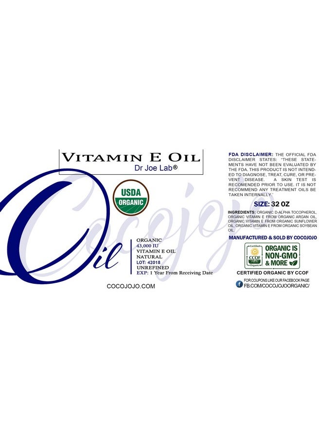 Dr Joe Lab - Cocojojo Organic Vitamin E Oil Hydrating Moisturizing Antioxidant Non Gmo Vegan100% Natural Usda Certified 43000 Iu Crueltyfree For Face Skin Hair Body Nails Beard (32 Oz.) - Image 1